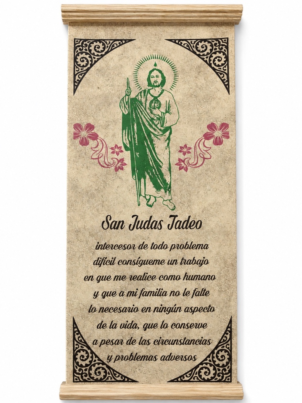 San Judas Tadeo Religious Wall Scroll - Green and Pink